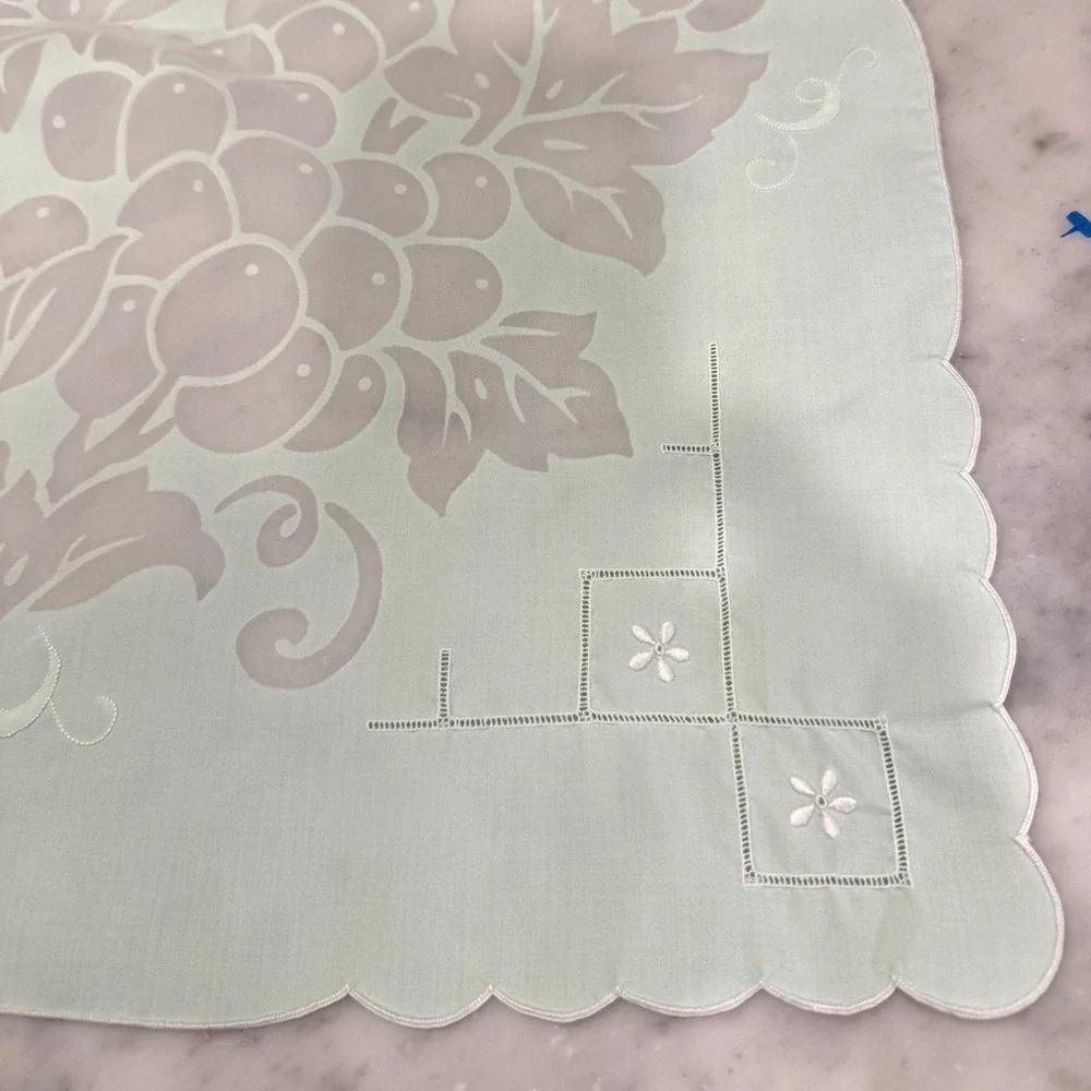 Vintage Embroidered Tablecloth Grapes Floral Mint Green‎ 84 x 70